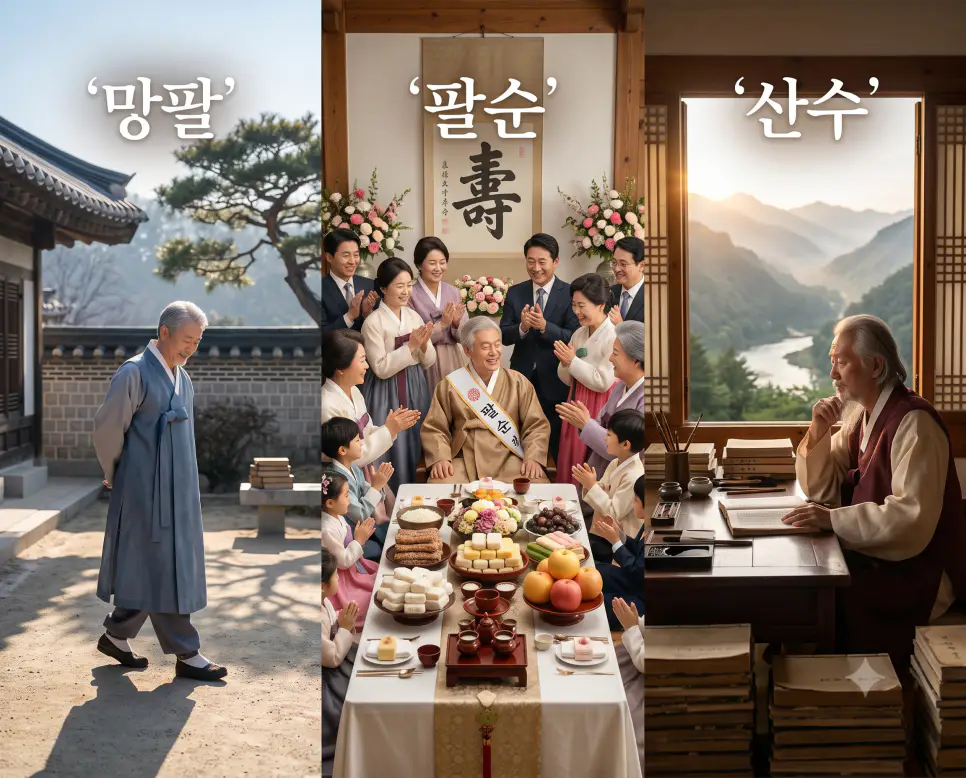 아흔을 바라보는 키워드 "망구" 대청마루 풍경, 90세 장수를 축하하는 키워드 "졸수" 잔치 풍경, 그리고 백 살을 바라보는 키워드 "망백" 서재 풍경을 하나의 병풍 파노라마 스타일로 담은 극실사 포스터