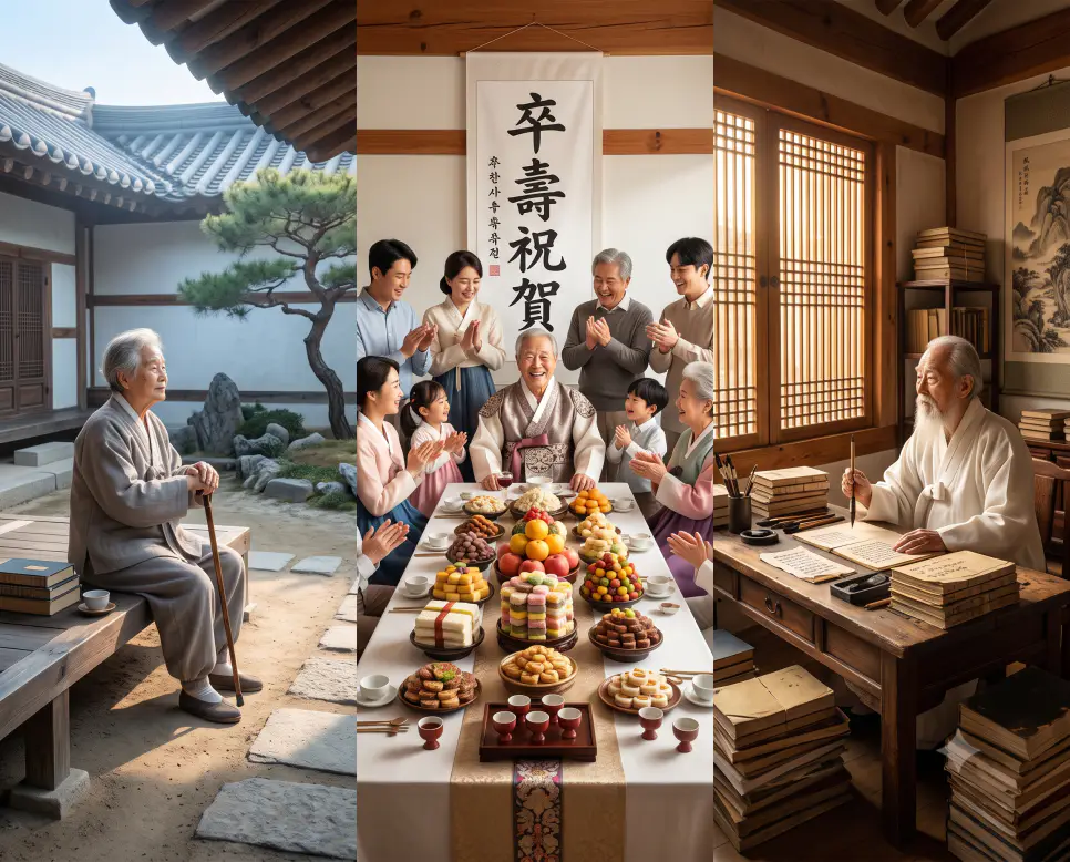 100세 거룩한 수명을 나타낸 키워드 "상수" 한옥 풍경, 111세 극진한 경사를 축하하는 키워드 "황수" 연회 풍경, 그리고 120세 자연적 생애 완성을 상징하는 키워드 "천수" 서재 풍경을 하나의 병풍 파노라마 스타일로 담은 극실사 포스터