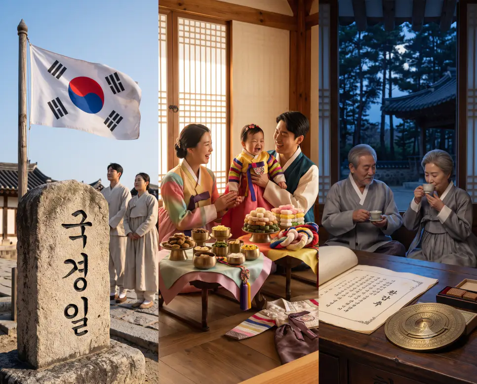 국가의 경사를 기념하는 "국경일" 기념석과 묵념하는 인물 풍경, 가정의 축복을 담은 "돌잔치" 한복과 돌상 옆 웃는 가족 풍경, 그리고 60년 순환의 renewal을 알리는 "환갑" 증서와 만세력 옆 차를 마시는 노부부 풍경을 외곽 테두리와 영문 설명글 없이 자연스러운 시간대별 광원 흐름 속에 세련되게 나란히 배치하여 구성한 잡지 편집 디자인 스타일의 포스터 극실사 이미지