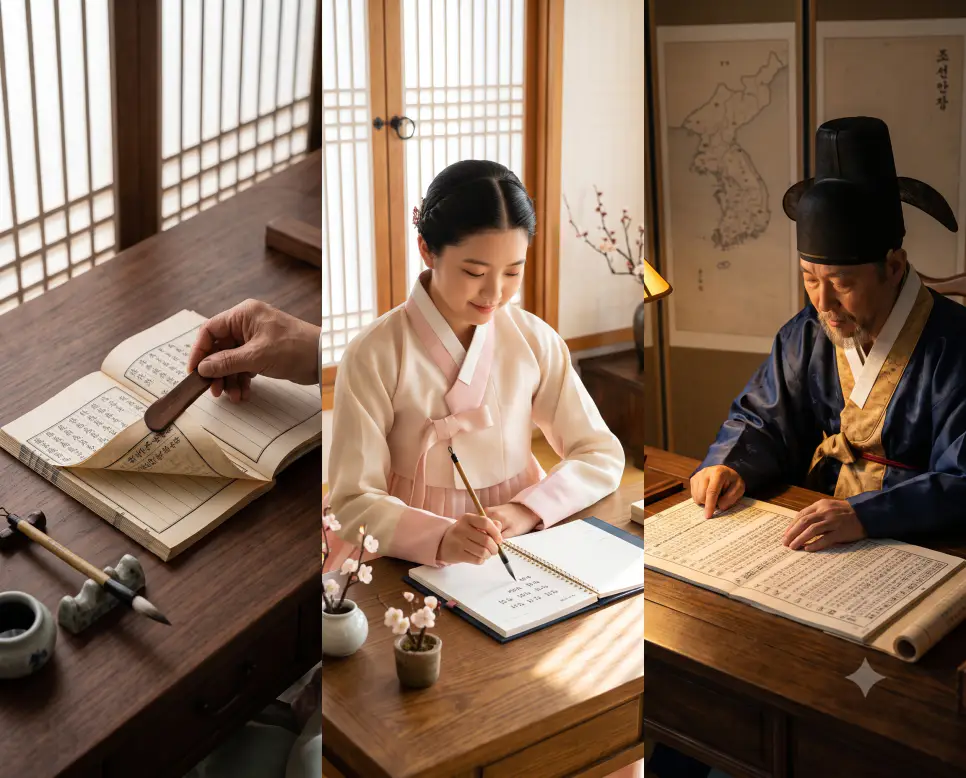 장부를 넘기는 "이월" 풍경, 새해 다짐을 적는 "연초" 풍경, 그리고 당해 연도 과업을 정돈하는 "금년" 풍경을 외곽 테두리와 영문 설명글 없이 자연스러운 시간대별 광원 흐름 속에 세련되게 나란히 배치하여 구성한 잡지 편집 화보 스타일의 프레임리스 포스터 극실사 이미지