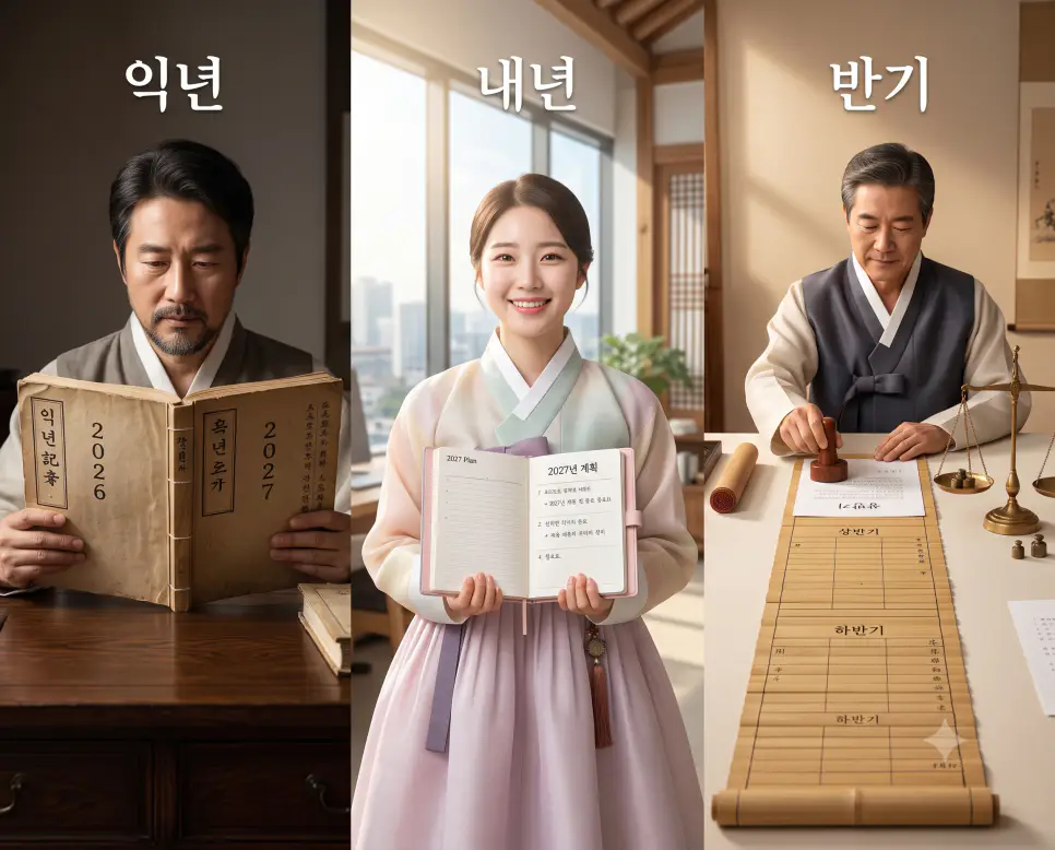 역사 기록을 비교하는 "익년" 풍경, 새해 다짐을 적는 "내년" 풍경, 그리고 성과를 결산하는 "반기" 저울 풍경을 외곽 테두리와 영문 설명글 없이 자연스러운 시간대별 광원 흐름 속에 세련되게 나란히 배치하여 구성한 잡지 편집 화보 스타일의 프레임리스 포스터 극실사 이미지