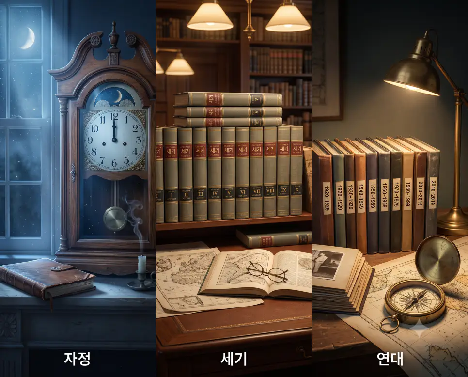 밤 12시 달빛 아래 시계를 나타낸 "자정" 풍경, 100년 역사를 상징하는 백과사전의 "세기" 풍경, 그리고 10년 기록 사진과 나침반의 "연대" 풍경을 외곽 테두리와 영문 설명글 없이 자연스러운 시간대별 광원 흐름 속에 세련되게 나란히 배치하여 구성한 프레임리스 포스터 극실사 이미지