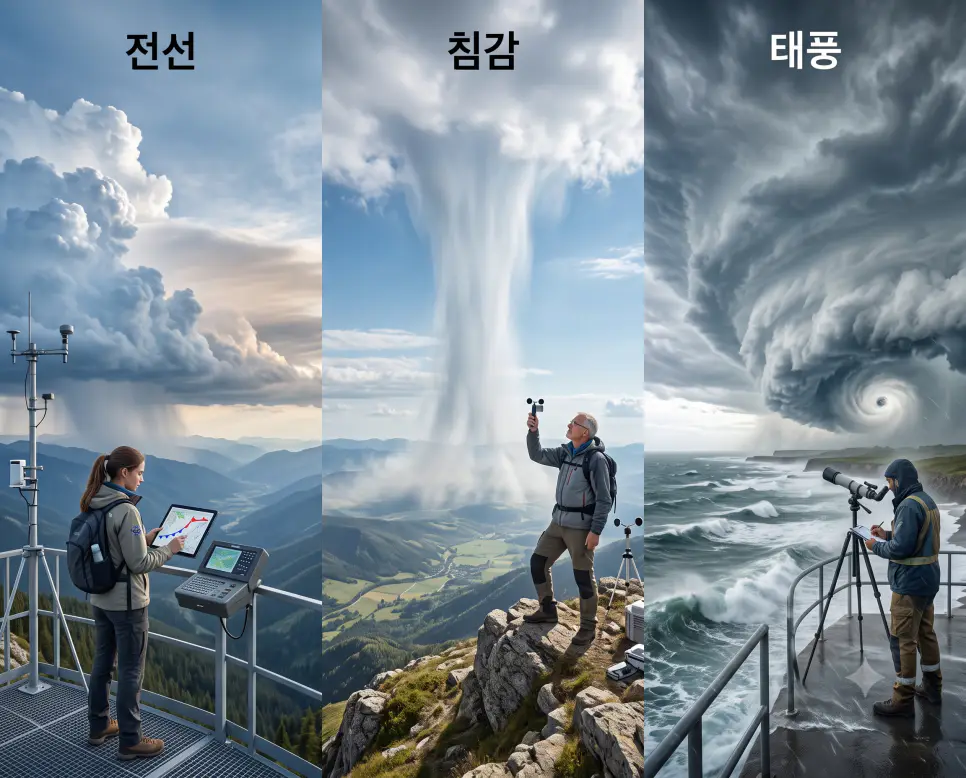 기단 경계면을 나타낸 키워드 "전선" 해안 풍경, 하강 기류를 나타낸 키워드 "침강" 계곡 풍경, 그리고 열대 저기압을 상징하는 키워드 "태풍" 해일 풍경을 하나의 파노라마 스타일로 담은 극실사 포스터