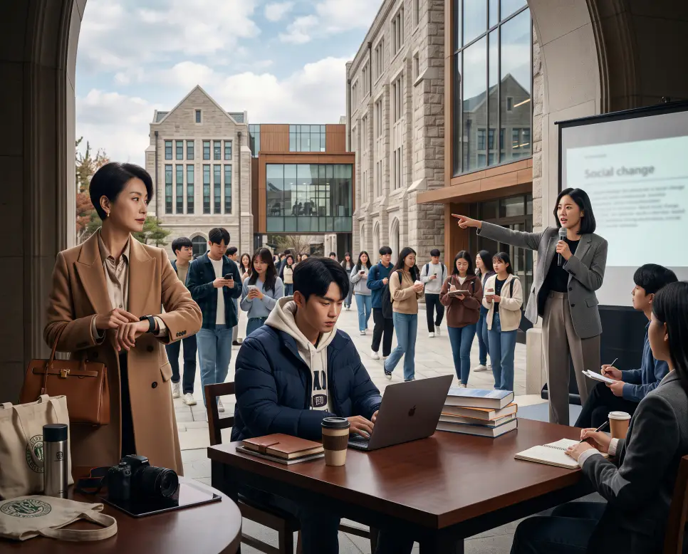캠퍼스에서 고유의 의식을 확인하는 이대남의 교육 서사, 세미나룸에서 협력 과업을 처리하는 이대녀의 라이프스타일 정황, 그리고 트렌디한 상업 자산을 수호하는 영피프티의 단면을 하나의 정돈된 리얼리티 보도사진 스토리 라인으로 융합한 마스터피스 큐레이션 통합 포스터 극실사 이미지