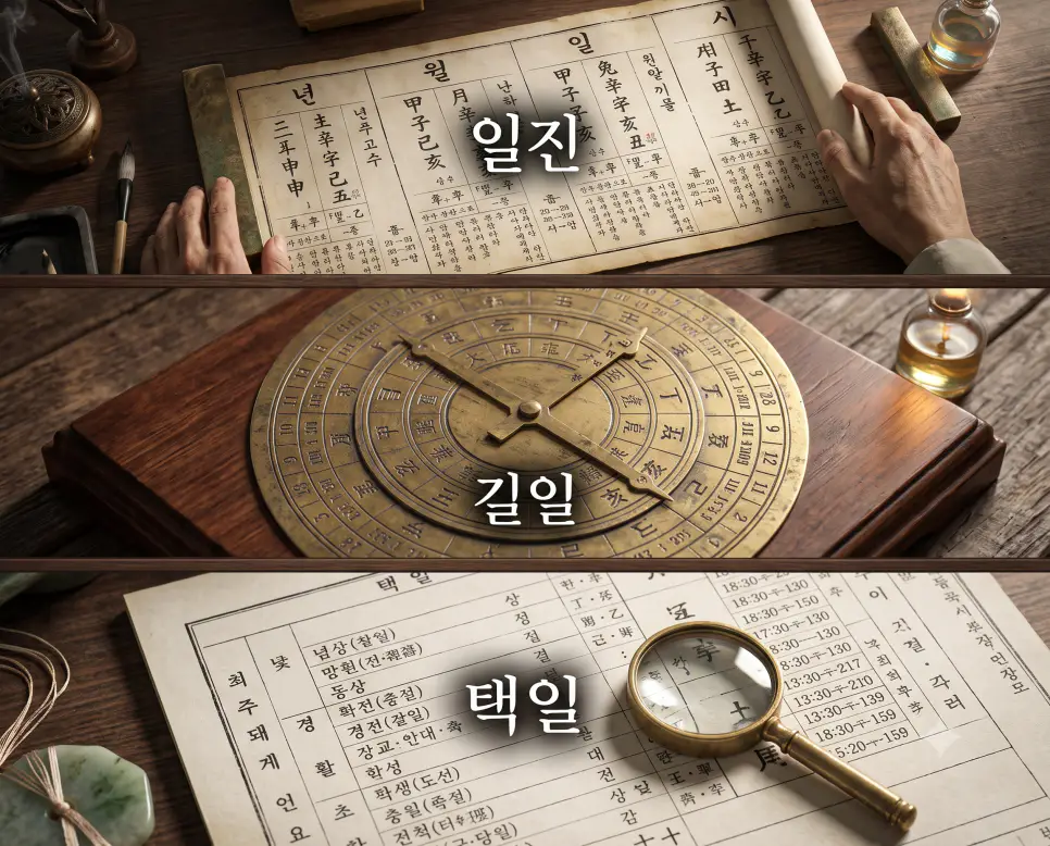 하루의 기운을 뜻하는 "일진" 고문서 풍경, 상서로운 날을 황금빛으로 나타낸 "길일" 만세력 풍경, 그리고 대사를 위해 날짜를 추려 적은 "택일" 고서 풍경을 세련된 대리석 프레임 안에 3단으로 나란히 배치하고 각각의 한글 키워드를 유물 선상에 연출한 잡지 편집 디자인 스타일의 포스터 극실사 이미지