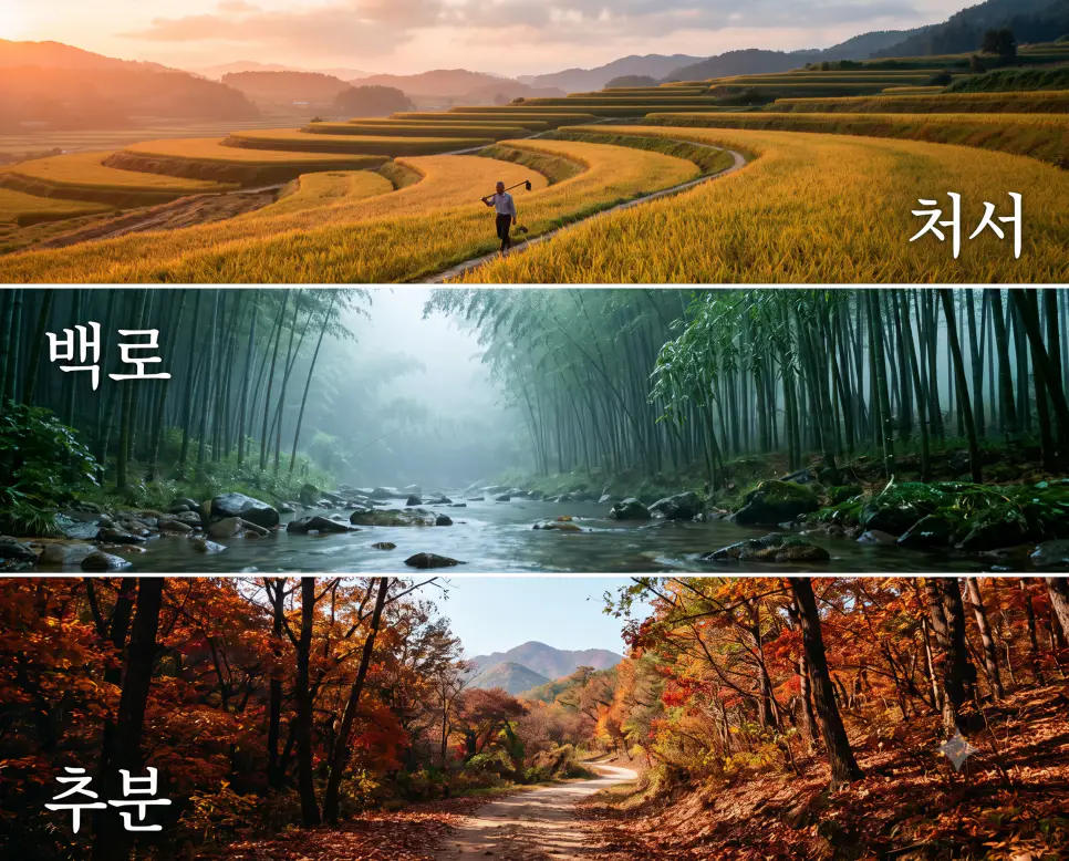 초가을 생명력이 차오르는 "처서" 농촌 풍경, 깊은 이슬이 맺히는 "백로" 대나무 숲 풍경, 그리고 가을의 깊이를 담아낸 "추분" 산자락 풍경을 세련된 프레임 안에 3단으로 배치하고 각각의 한글 키워드를 자연물 선상에 선명하게 연출한 매거진 스타일의 포스터 극실사 이미지