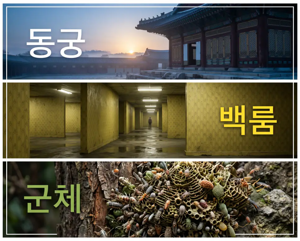 새벽빛이 가득한 "동궁" 궁궐 풍경, 무한한 미로 구조를 지닌 "백룸" 복도 풍경, 그리고 협동 시스템을 보여주는 "군체" 생태 풍경을 세련된 프레임 안에 3단으로 배치하고 각각의 한글 키워드를 구조물 선상에 선명하게 연출한 잡지 편집 디자인 스타일의 포스터 극실사 이미지