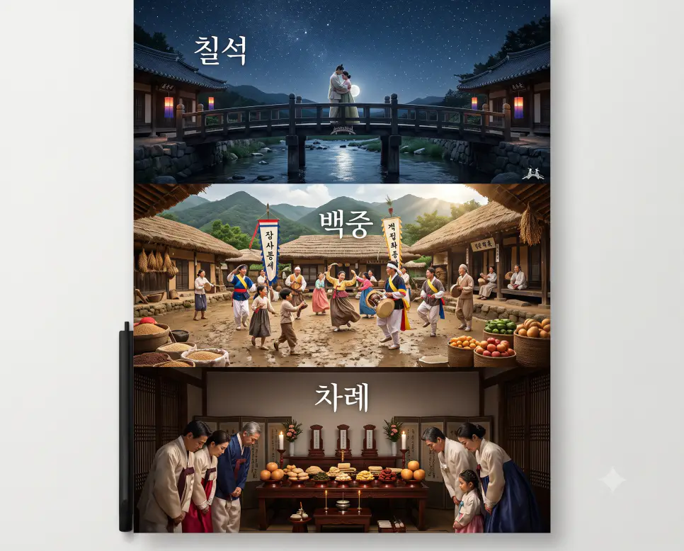 은하수 아래 애틋한 만남을 기원하는 "칠석" 인물 풍경, 마당에서 풍성한 수확의 기쁨을 나누는 "백중" 인물 풍경, 그리고 한옥에서 온 가족이 모여 제례를 올리는 경건한 "차례" 인물 풍경을 세련된 대리석 프레임 안에 3단으로 배치하고 각각의 한글 키워드를 자연물 선상에 선명하게 연출한 잡지 편집 디자인 스타일의 포스터 극실사 이미지