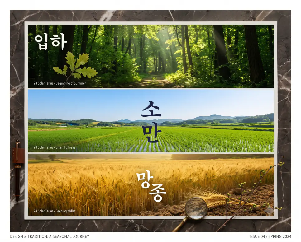 푸른 생명력이 시작되는 "입하" 숲길 풍경, 풍부한 햇빛 아래 자라나는 "소만" 들판 풍경, 그리고 결실을 수확하고 씨를 뿌리는 "망종" 보리밭 풍경을 세련된 프레임 안에 3단으로 배치하고 각각의 한글 키워드를 자연물 선상에 선명하게 연출한 잡지 편집 디자인 스타일의 포스터 극실사 이미지
