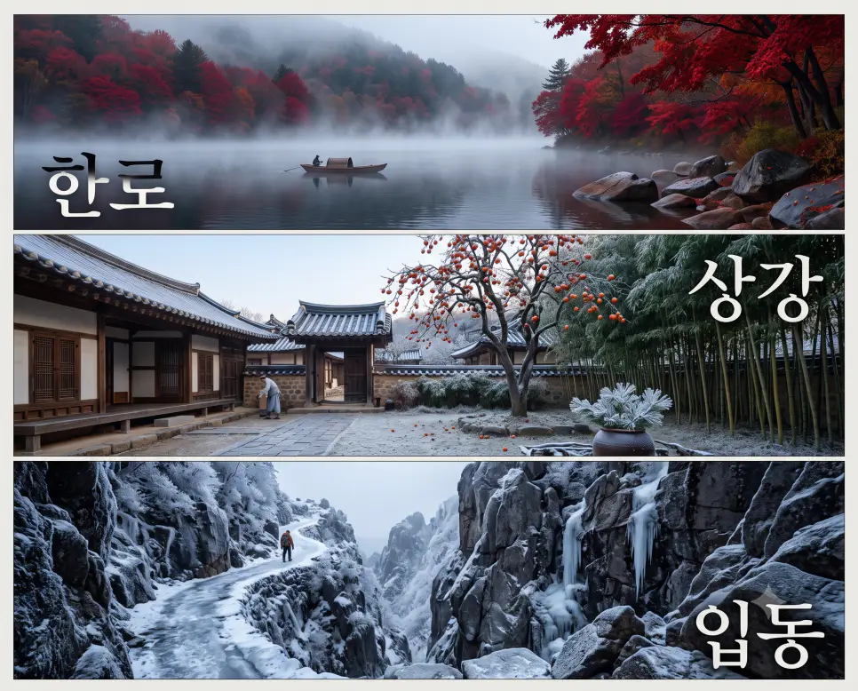 물안개 속에 짙어가는 "한로" 가을 호수 풍경, 첫 서리가 내린 차가운 "상강" 전통 마당 풍경, 그리고 얼어붙은 대지로 겨울을 맞이하는 "입동" 암벽 풍경을 세련된 대리석 프레임 안에 3단으로 배치하고 각각의 한글 키워드를 자연물 선상에 선명하게 연출한 내셔널 지오그래픽 매거진 스타일의 포스터 극실사 이미지