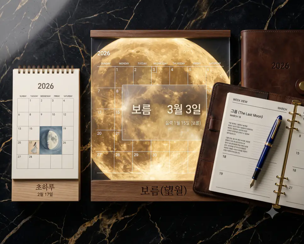 음력의 마지막 날 달이 완전히 비워지는 그믐의 뜻을 담아, 어두운 고급 마호가니 책상 위 스포트라이트 조명 아래 펼쳐진 가죽 다이어리 페이지에 '그믐' 및 '2026년 3월 18일(음력 1월 30일)' 표기와 함께 달이 사라졌음을 뜻하는 검은색 원형 아이콘이 세련되게 인쇄되어 있고 그 위로 고급 만년필이 놓여 있는 스튜디오 소품 촬영 스타일의 극실사 이미지