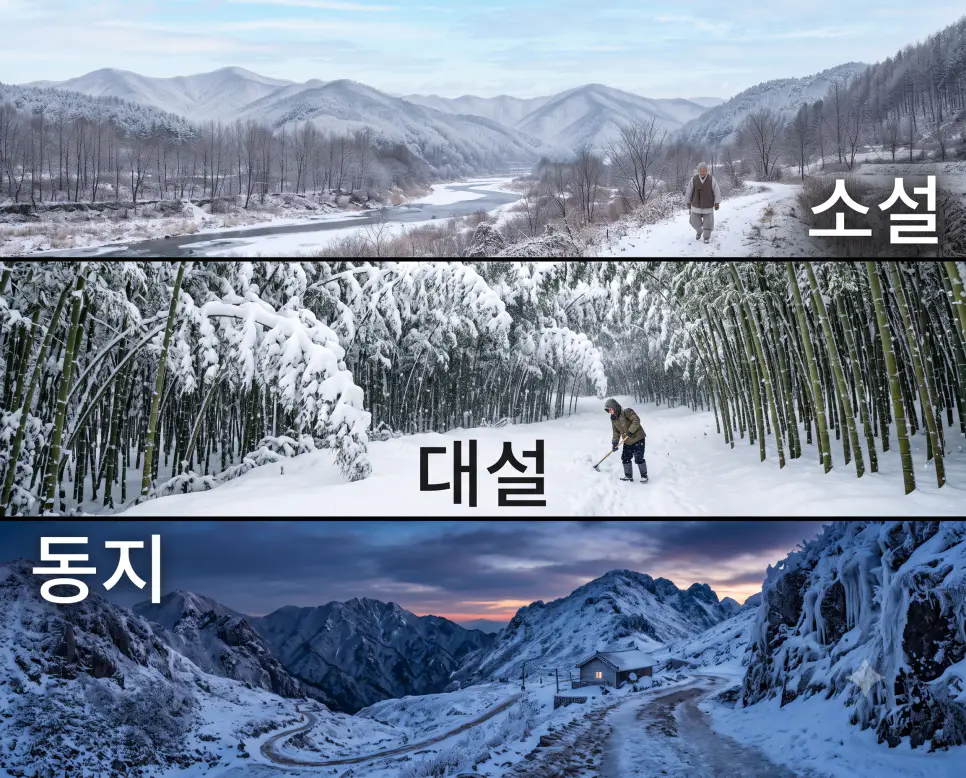 첫눈이 단정하게 내린 "소설" 계곡 풍경, 거대한 눈더미로 뒤덮인 "대설" 대나무 숲 풍경, 그리고 가장 깊은 밤의 기운을 담은 어두운 "동지" 고갯마루 풍경을 세련된 대리석 프레임 안에 3단으로 배치하고 각각의 한글 키워드를 자연물 선상에 선명하게 연출한 잡지 편집 디자인 스타일의 포스터 극실사 이미지