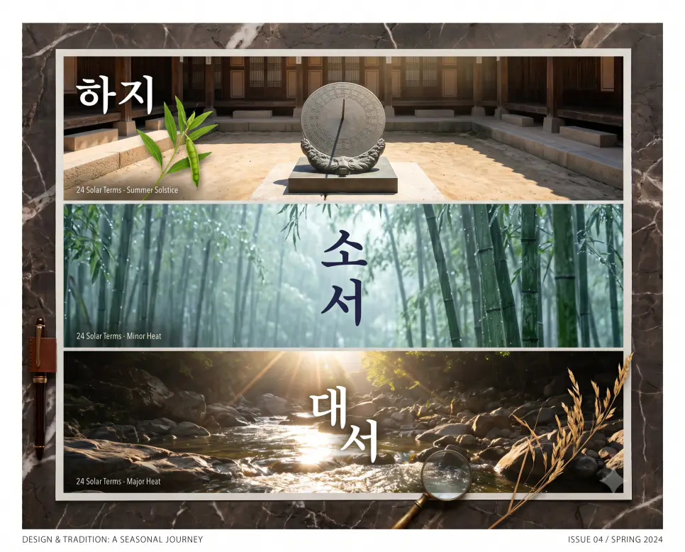 눈부신 태양 에너지가 가득한 "하지" 마당 풍경, 장마철 고온다습한 기운이 살아있는 "소서" 대나무 숲 풍경, 그리고 뜨거운 열기가 절정에 달한 "대서" 계곡 풍경을 세련된 프레임 안에 3단으로 배치하고 각각의 한글 키워드를 자연물 선상에 선명하게 연출한 잡지 편집 디자인 스타일의 포스터 극실사 이미지