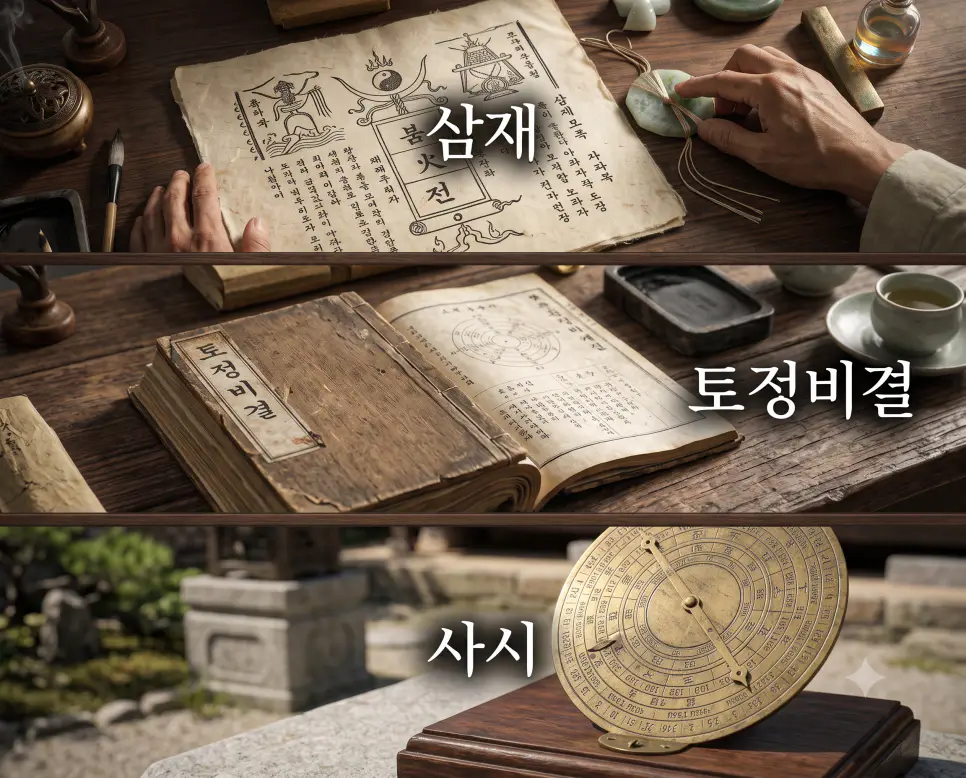 액운을 예방하는 "삼재" 부적 고문서 풍경, 한 해의 길흉을 미리 살피는 "토정비결" 고서 풍경, 그리고 오전 9시~11시 시각을 나타낸 "사시" 청동 십이지 시반 유물 풍경을 세련된 대리석 프레임 안에 3단으로 나란히 배치하고 각각의 한글 키워드를 유물 선상에 연출한 잡지 편집 디자인 스타일의 포스터 극실사 이미지