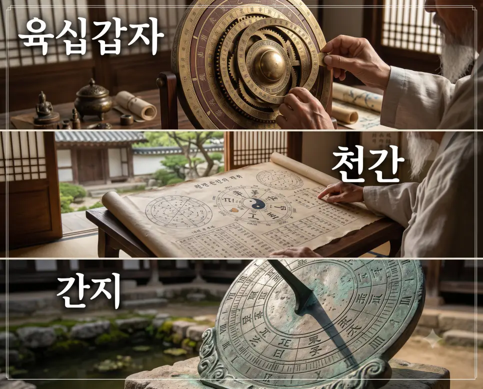 정교한 놋쇠 원형 도판으로 60년의 순환을 증명하는 "육십갑자" 만세력 풍경, 우주의 원리를 한지에 기록한 "천간" 천문도 고문서 풍경, 그리고 청동 내부에 시간의 흐름을 새긴 "간지" 해시계 유물 풍경을 세련된 대리석 프레임 안에 3단으로 나란히 배치하고 각각의 한글 키워드를 유물 선상에 연출한 잡지 편집 디자인 스타일의 포스터 극실사 이미지