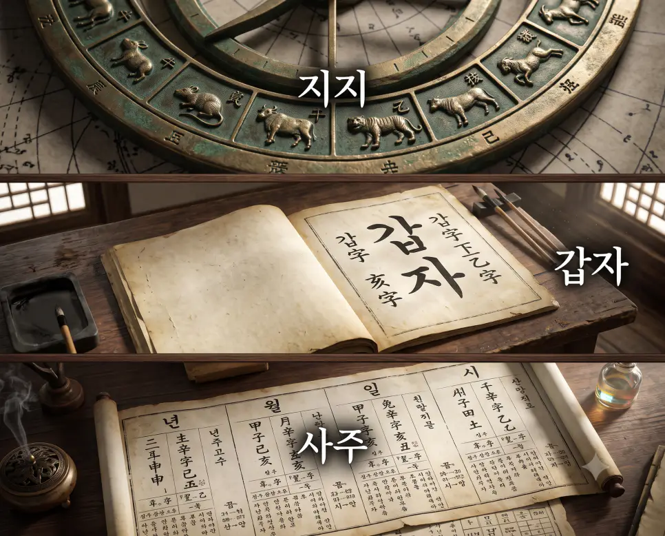 청동 해시계 테두리에 12지신이 새겨진 "지지" 유물 풍경, 60년 순환의 첫 장을 알리는 "갑자" 고문서 풍경, 그리고 연월일시 네 기둥이 차례로 적힌 "사주" 명리학 고서 풍경을 세련된 대리석 프레임 안에 3단으로 나란히 배치하고 각각의 한글 키워드를 유물 선상에 연출한 잡지 편집 디자인 스타일의 포스터 극실사 이미지