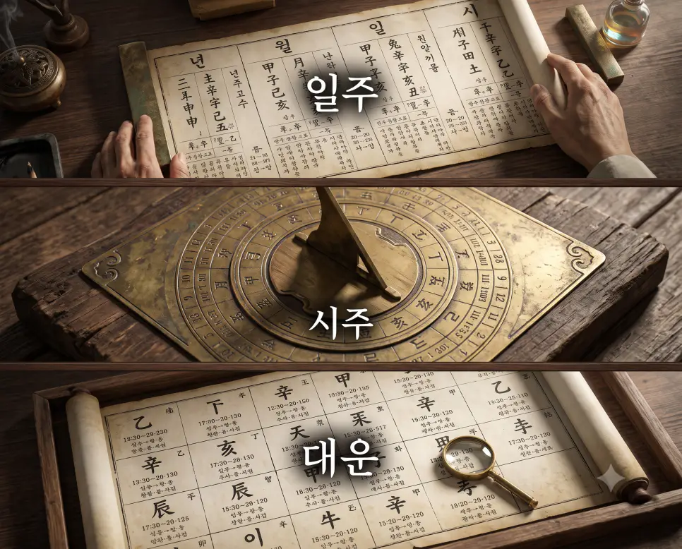 나 자신을 뜻하는 태어난 날의 "일주" 고문서 풍경, 인생 후반부를 나타내는 "시주" 천문도 풍경, 그리고 10년 운의 흐름을 표격으로 정리한 "대운" 고서 풍경을 세련된 대리석 프레임 안에 3단으로 나란히 배치하고 각각의 한글 키워드를 유물 선상에 연출한 잡지 편집 디자인 스타일의 포스터 극실사 이미지