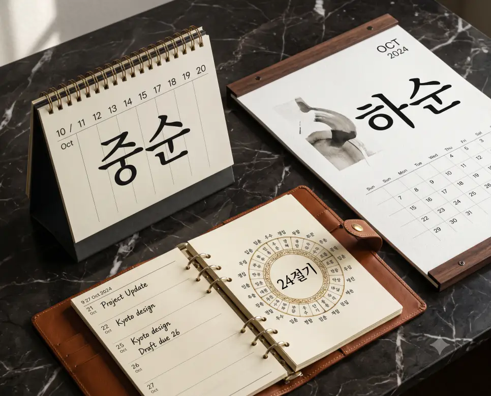 달의 기간 흐름에 맞춰 인물과 어우러진 중순 탁상달력, 거실 벽을 장식한 하순 액자 달력, 그리고 고급 서재 책상 위에 펼쳐진 24절기 가죽 플래너를 어두운 대리석 바탕 위에 정교한 탑다운 뷰로 배치해 낸 매거진 스타일의 캘린더 오브제 포스터 극실사 이미지