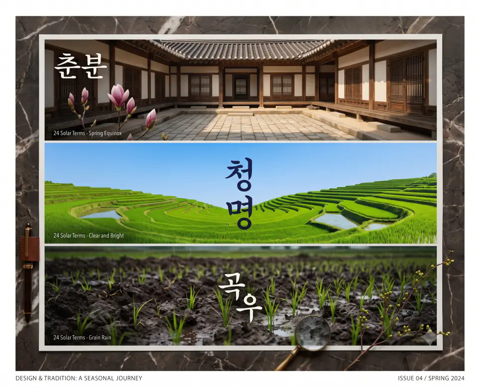 따스한 조화가 느껴지는 "춘분" 마당 풍경, 맑고 깨끗한 하늘 아래 펼쳐진 "청명" 논밭 풍경, 그리고 기름진 대지를 적시는 봄비 내리는 "곡우" 풍경을 세련된 프레임 안에 3단으로 배치하고 각각의 한글 키워드를 자연물 선상에 선명하게 연출한 매거진 스타일의 포스터 극실사 이미지