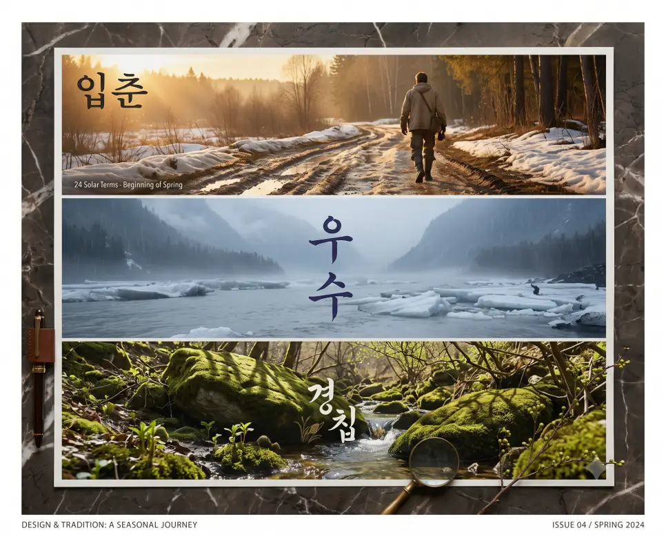 새싹이 돋아나는 봄의 서막을 담은 "입춘" 풍경, 얼음이 녹아 대지를 적시는 봄비 내리는 "우수" 풍경, 그리고 계곡물이 흐르며 생명이 깨어나는 "경칩" 풍경을 세련된 대리석 프레임 안에 3단으로 배치하고 각각의 한글 키워드를 자연물 선상에 선명하게 연출한 내셔널 지오그래픽 매거진 스타일의 포스터 극실사 이미지
