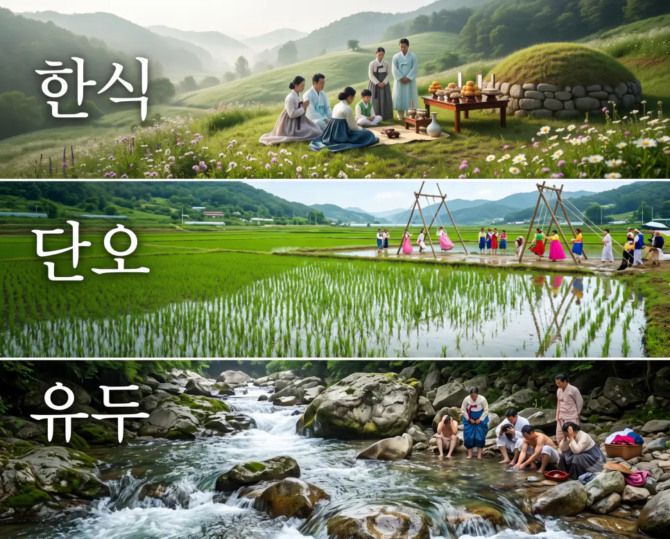 봄빛이 단정하게 스며든 "한식" 묘소 풍경, 푸른 생명력이 차오르는 "단오" 농촌 풍경, 그리고 차가운 계곡물이 흐르는 "유두" 여름 계곡 풍경을 세련된 대리석 프레임 안에 3단으로 배치하고 각각의 한글 키워드를 자연물 선상에 선명하게 연출한 잡지 편집 디자인 스타일의 포스터 극실사 이미지