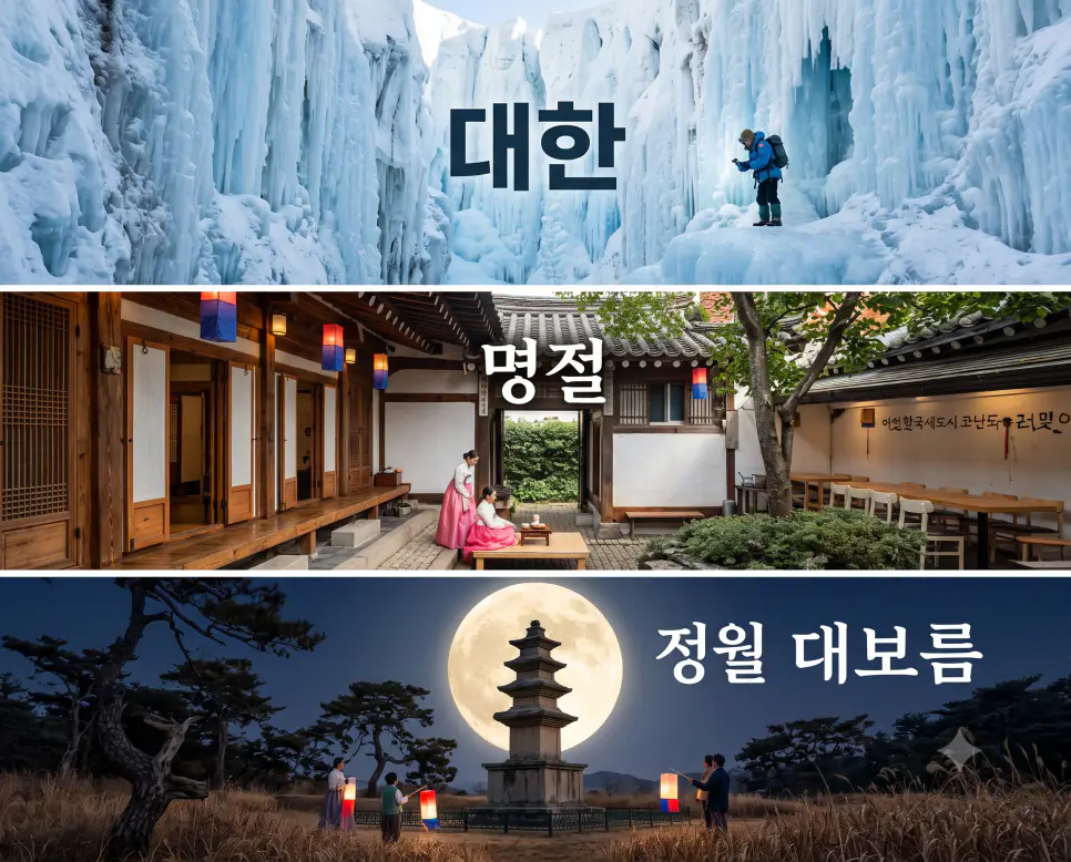 빙벽이 웅장한 "대한" 혹한기 계곡 풍경, 한국 고유의 정취가 살아있는 "명절" 한옥 풍경, 그리고 첫 보름달이 환하게 내리쬐는 "정월 대보름" 석탑 풍경을 세련된 대리석 프레임 안에 3단으로 배치하고 각각의 한글 키워드를 자연물 선상에 선명하게 연출한 잡지 편집 디자인 스타일의 포스터 극실사 이미지
