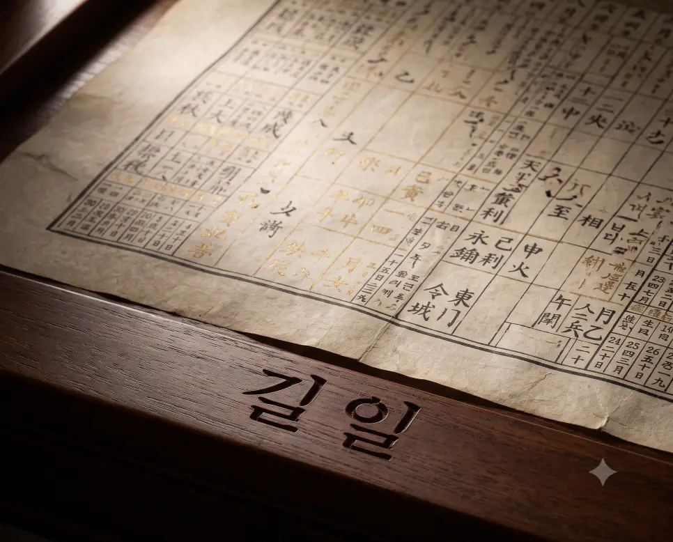 운수가 좋고 상서로워 대사를 치르기에 최적인 길일의 역학 상징성을 담아, 나무 제단 위 올려진 고대 만세력 도판 중 상서로운 음력 날짜와 별자리가 황금빛 먹으로 적힌 고서 페이지를 촬영하고, 앞쪽 나무 프레임 표면에 깨끗한 한글 서체로 "길일" 키워드가 정밀하게 각인되어 있는 유물 화보 구도의 극실사 모습