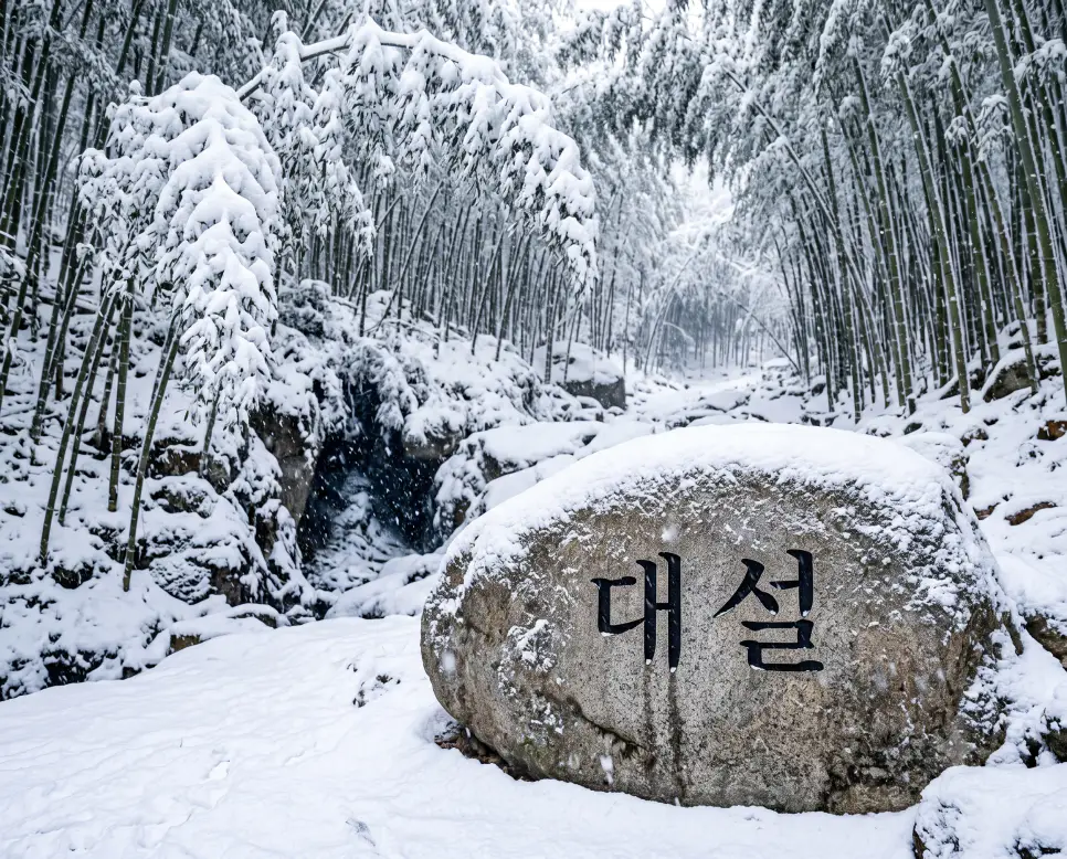 한겨울에 접어들어 눈이 많이 내리는 대설 절기를 표현하기 위해, 거센 폭설이 쏟아져 울창한 대나무 숲 전체가 하얗고 두꺼운 눈더미로 뒤덮인 장엄한 혹한기 자연 풍경을 배경으로 삼고, 앞쪽 서리가 얼어붙은 바위 표면 선상에 선명하고 깨끗한 한글 서체로 "대설" 키워드가 정밀하게 각인되어 있는 겨울 다큐멘터리 구도의 정면 극실사 모습