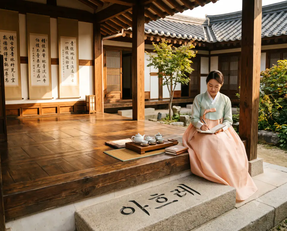 9일간의 시간을 뜻하는 아흐레의 정취를 시각화하기 위해, 낮 햇살 아래 한옥 돌계단 표면에 "아흐레" 한글이 각인된 모습과 대청마루에서 일기를 적는 여행자의 순간을 촬영한 극실사 모습