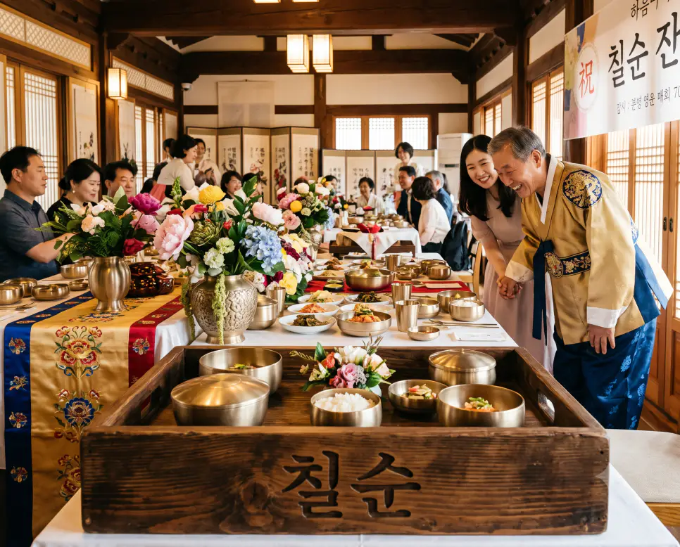 10년이 일곱 번 모여 70세 장수의 길로 들어서는 칠순의 경사를 시각화하기 위해, 따스한 오후 햇살 아래 정갈하게 차려진 연회상 표면에 "칠순" 한글이 새겨진 모습과 전통 자수 상보를 클로즈업하고, 푸른 실크 한복을 입은 70세 어르신이 가족을 맞이하는 품격 있는 순간을 촬영한 극실사 모습