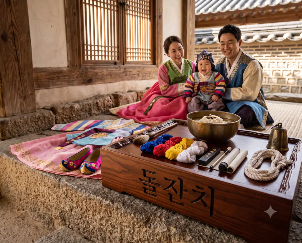 아이가 무사히 맞이한 첫 1년을 축하하고 무병장수를 기원하는 돌잔치의 따스한 분위기를 담아, 은은한 오후 햇살이 비추는 한옥 내부 돌상 위에 놓인 다채로운 돌상 음식과 색동 한복, 돌잡이 용품을 클로즈업하고, 돌상 옆에 한복을 입은 아기를 품에 안고 활짝 웃는 부모 인물의 모습을 가정 의례 화보 구도로 촬영한 극실사 모습