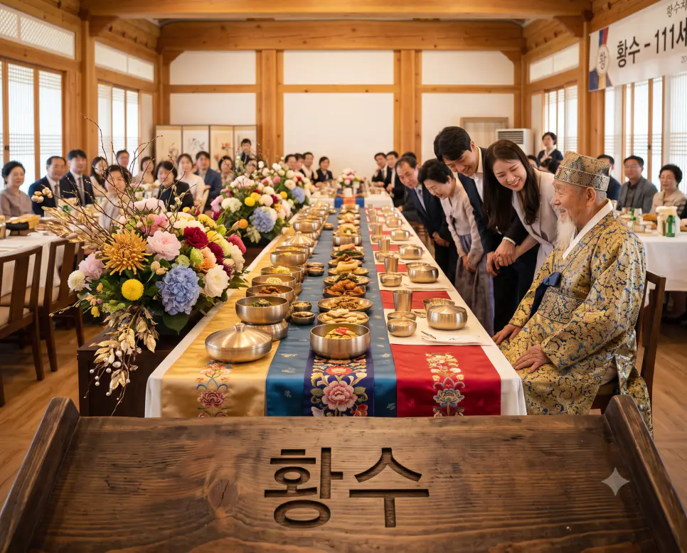 황제의 수명이라 불리는 111세 황수의 극진한 경사를 시각화하기 위해, 오후 햇살 아래 정갈하게 차려진 왕실풍 연회상 표면에 "황수" 한글이 새겨진 모습과 황금색 놋그릇을 클로즈업하고, 황금빛 한복을 입은 111세 어르신이 가족의 축하를 받는 품격 있는 순간을 촬영한 극실사 모습