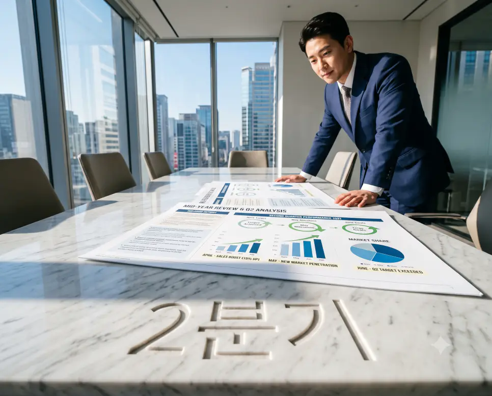 4월부터 6월까지 상반기 마감과 봄철 사업 동력을 상징하는 2분기의 의미를 담아, 밝은 햇살이 스며드는 회의실 대리석 테이블 위 4~6월 실적 분석 차트를 클로즈업하고, 창가에 선 비즈니스 인물이 미소를 지으며 목표를 점검하는 모습을 촬영한 극실사 모습