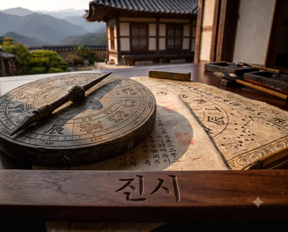 아침 7시부터 9시까지 일상의 본업 활동을 준비하는 진시의 상징성을 담아, 나무 제단 위 올려진 고대 청동 십이지 시반 유물 중 용 기호(辰)와 해당 시간 구간이 정밀하게 새겨진 도판 페이지를 촬영하고, 앞쪽 나무 프레임 표면에 깨끗한 한글 서체로 "진시" 키워드가 정밀하게 각인되어 있는 유물 화보 구도의 극실사 모습
