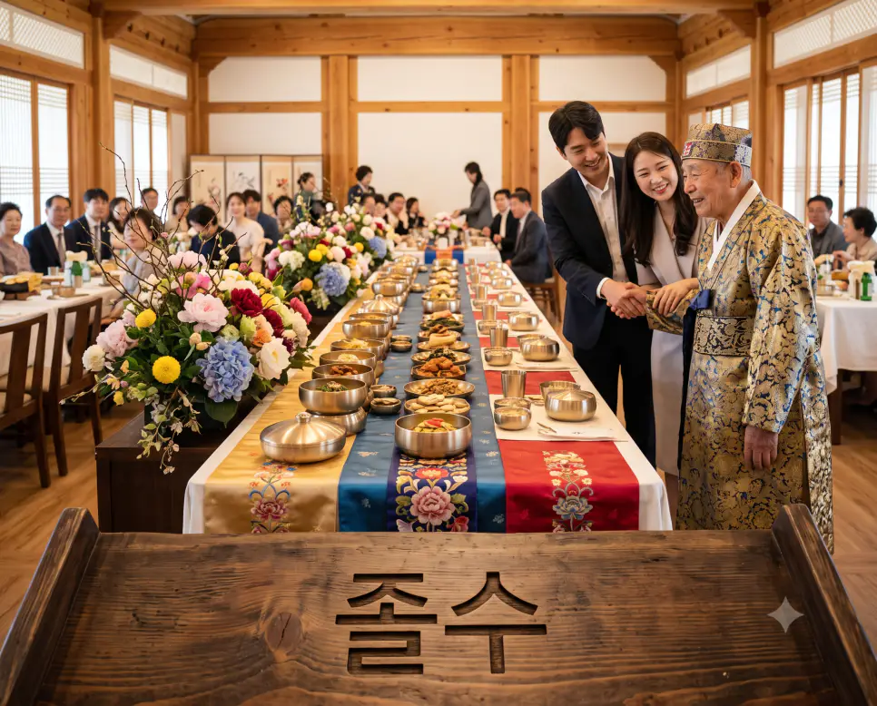마칠 졸 자를 풀어 만든 90세 졸수의 대경사를 시각화하기 위해, 오후 햇살 아래 정갈하게 차려진 졸수 잔칫상 표면에 "졸수" 한글이 새겨진 모습과 놋그릇, 전통 자수 상보를 클로즈업하고, 화려한 한복을 입은 90세 어르신이 축하를 받는 품격 있는 순간을 촬영한 극실사 모습