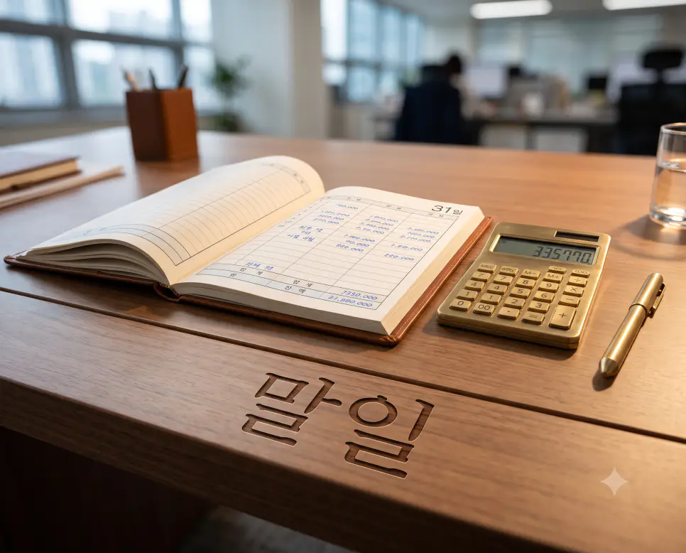 그 달의 맨 마지막 날이자 한 달간의 회계를 정리하는 말일의 의미를 표현하기 위해, 31일 마감 페이지가 펼쳐진 가계부 장부와 계산기, 펜이 놓인 모던 오피스 데스크를 클로즈업하여 촬영한 정갈한 극실사 모습