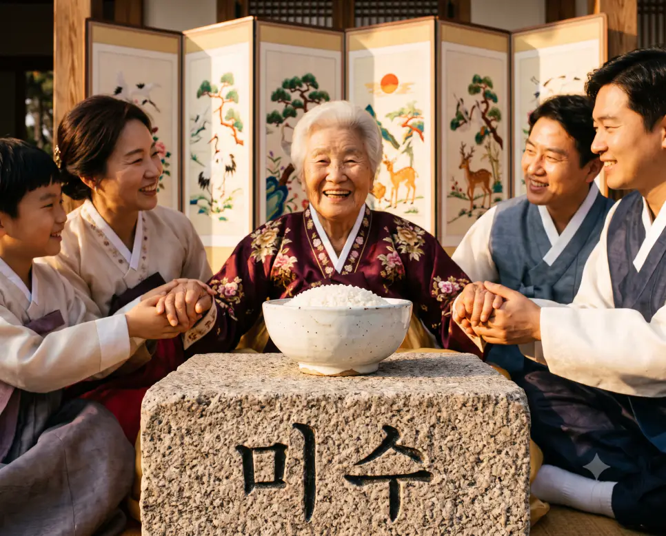 만 88세 생일이자 쌀 미(米) 자를 풀어 만든 대표적 장수 축하 표기인 미수의 의미를 담아, 따스한 오후 햇살 아래 흰 쌀알이 담긴 백자 그릇과 장수 문양 병풍을 클로즈업하고, 옆에서 한복을 입은 부모님을 둘러싼 가족들이 활짝 웃는 모습을 촬영한 가정 의례 극실사 모습