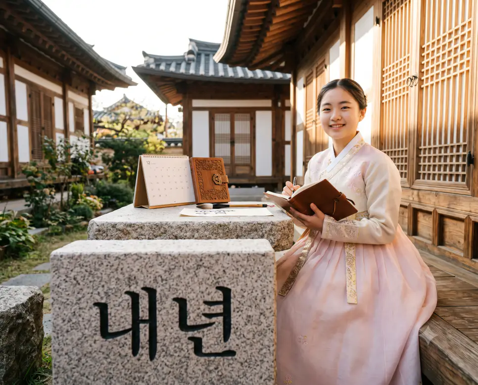 지금 지나가고 있는 올해의 바로 다음 해를 뜻하며 미래의 계획을 준비하는 내년의 희망찬 분위기를 표현하기 위해, 따스한 새해 아침 햇살 아래 놓인 전통 플래너와 먹을 클로즈업하고, 옆에 파스텔톤 한복을 입은 인물이 활짝 웃으며 미래 목표를 다짐하는 모습을 담은 감각적인 극실사 모습