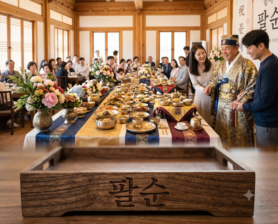 10년이 여덟 번 모여 80세 장수를 경축하는 팔순의 경사를 시각화하기 위해, 오후 햇살 아래 정갈하게 차려진 팔순 잔칫상 표면에 "팔순" 한글이 새겨진 모습과 놋그릇, 전통 자수 상보를 클로즈업하고, 화려한 한복을 입은 80세 어르신이 축하를 받는 품격 있는 순간을 촬영한 극실사 모습