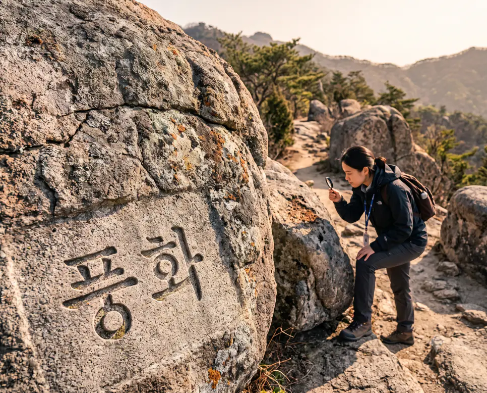 암석이 제자리에서 물리적·화학적으로 부서지는 풍화 작용을 나타내기 위해, 낮 햇살 아래 균열이 간 화강암 바위 표면에 "풍화" 한글이 각인된 모습과 돋보기로 암석 풍화 상태를 검사하는 연구원의 순간을 촬영한 극실사 모습
