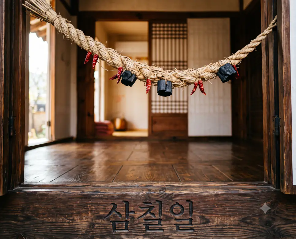 아이가 태어난 지 21일째 되는 날의 삼칠일 보살핌을 시각화하기 위해, 밝은 아침 햇살이 스며드는 한옥 안방 문간 위 숯과 고추가 꼬여 있는 전통 금줄을 클로즈업하고, 정갈한 목조 인테리어를 촬영한 감각적인 극실사 모습