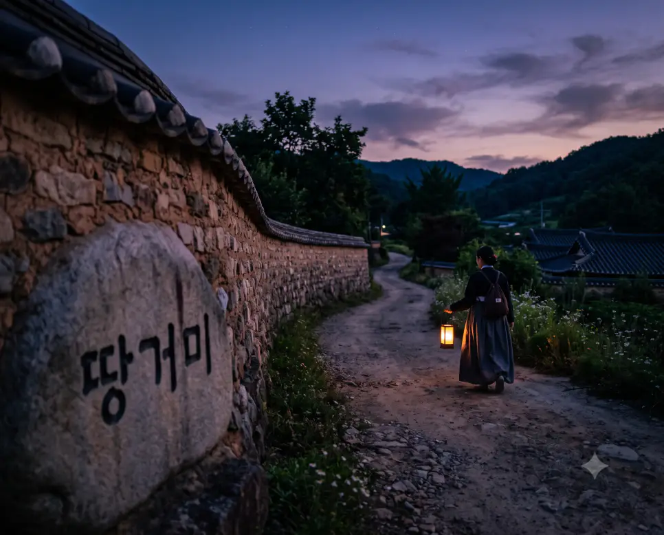 해가 진 직후 어둠이 땅 위에 은은하게 깔리기 시작하는 땅거미의 고즈넉함을 시각화하기 위해, 돌담길 표면에 "땅거미" 한글이 각인된 모습과 은은한 남빛 박명 아래 등불을 들고 거니는 여행자의 순간을 촬영한 극실사 모습