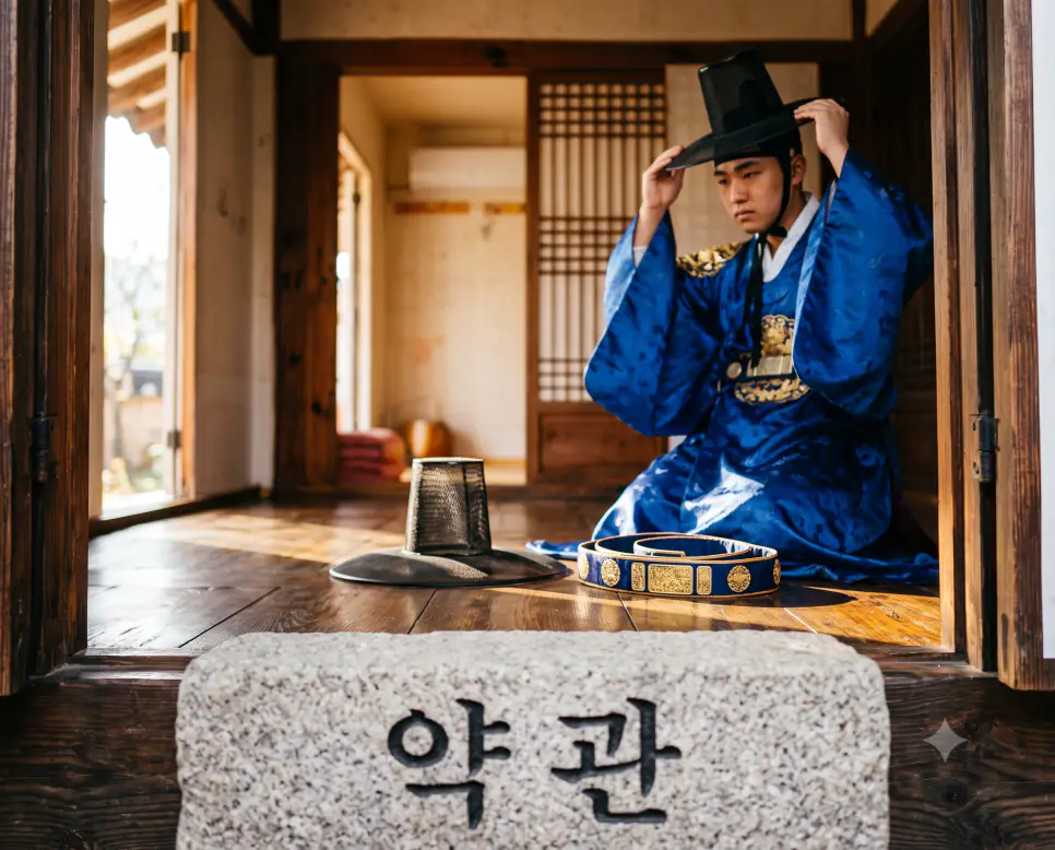남자 나이 만 20세에 갓을 쓰고 정식 성인이 됨을 기리는 약관의 웅장함을 시각화하기 위해, 아침 햇살 아래 놓인 전통 흑립(갓)과 비단 띠를 클로즈업하고, 푸른 한복을 입은 20세 청년이 갓끈을 다잡는 결연한 순간을 촬영한 극실사 모습