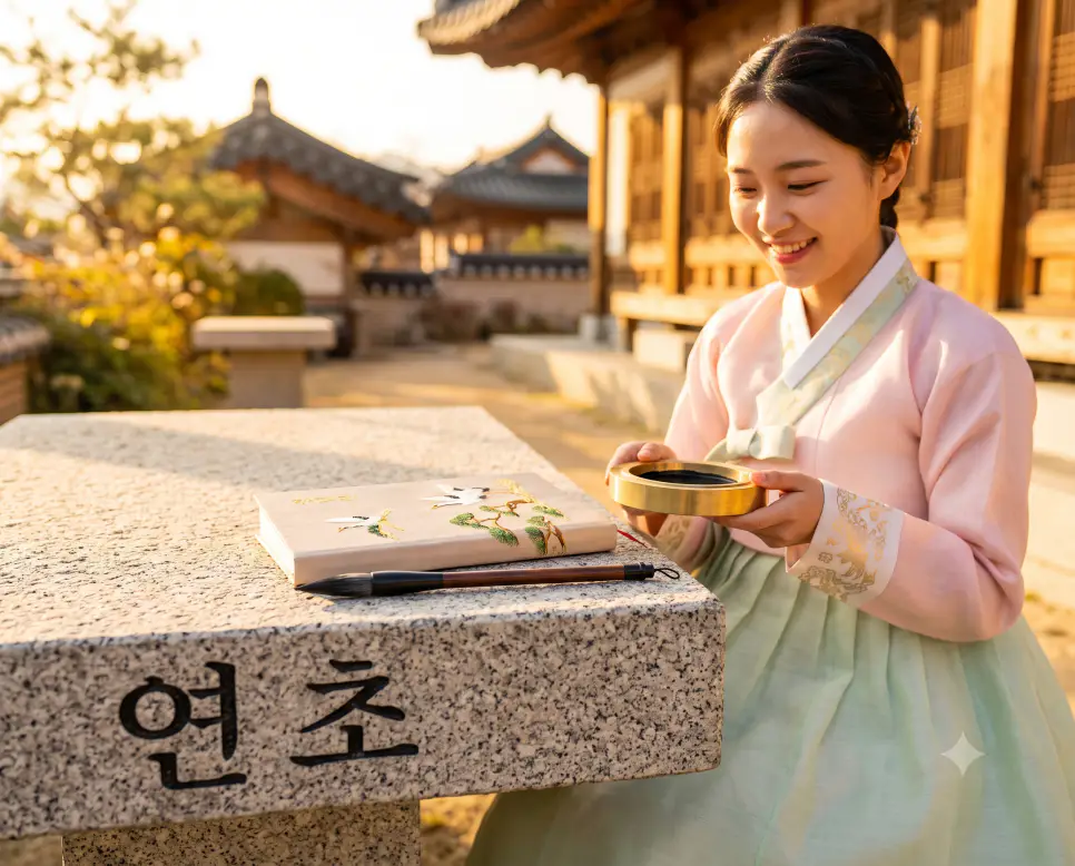 한 해가 막 시작되는 첫머리이자 새로이 목표를 기획하는 연초의 분위기를 표현하기 위해, 따스한 정월 아침 햇살 아래 놓인 전통 플래너와 먹을 클로즈업하고, 옆에 파스텔톤 한복을 입은 인물이 활짝 웃으며 새해 목표를 다짐하는 모습을 담은 감각적인 극실사 모습