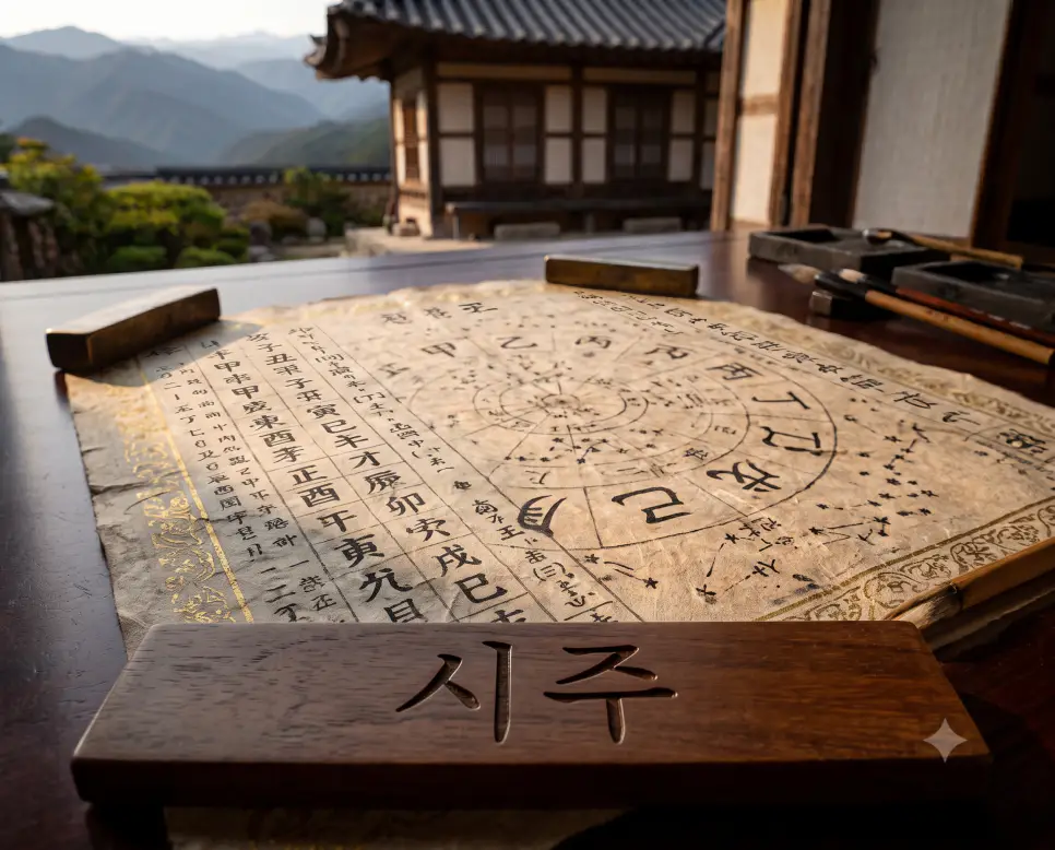 태어난 시각의 간지 기둥이자 인생 후반부와 자손 운을 가리키는 시주의 역학 상징성을 담아, 나무 제단 위 올려진 고대 천문도 중 12시분과 태어난 시각의 간지가 세로로 적힌 고서 페이지를 촬영하고, 앞쪽 나무 프레임 표면에 깨끗한 한글 서체로 "시주" 키워드가 정밀하게 각인되어 있는 유물 화보 구도의 극실사 모습