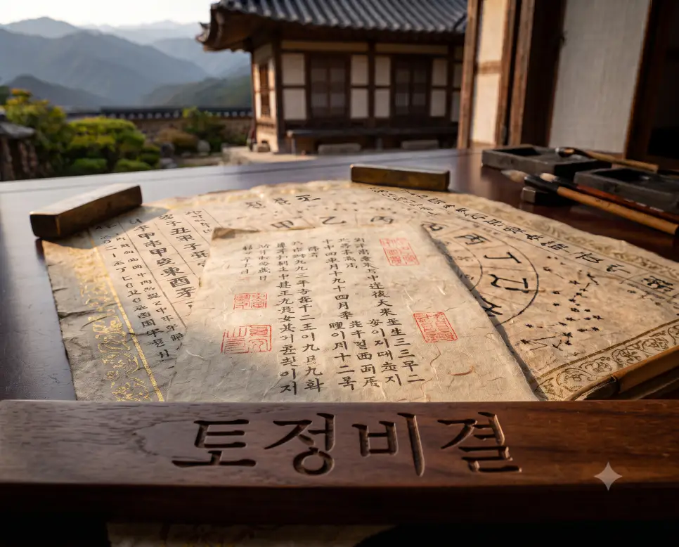 한 해의 길흉화복을 미리 대조하고 슬기롭게 대비하는 토정비결의 역사적 상징성을 담아, 나무 책상 위 펼쳐진 조선 시대 토정비결 원본 고서의 세로 구절과 음력 날짜 표격 페이지를 촬영하고, 앞쪽 나무 프레임 표면에 깨끗한 한글 서체로 "토정비결" 키워드가 정밀하게 각인되어 있는 유물 화보 구도의 극실사 모습
