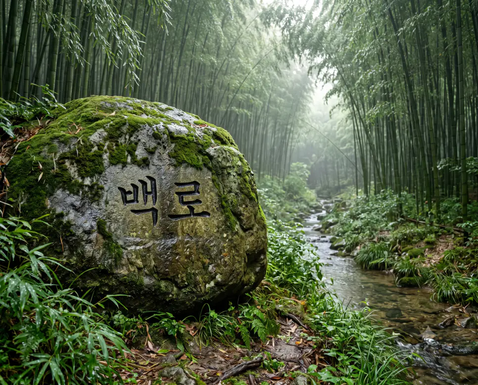밤 기온이 내려가 풀잎에 이슬이 맺히기 시작하고 완연한 가을 기운이 감도는 백로 절기를 표현하기 위해, 웅장하고 오래된 전통 대나무 숲길 옆 이끼 낀 거대한 바위와 파릇한 대지 위로 맑은 새벽 이슬이 맺혀 빛나는 자연 풍경을 배경으로 삼고, 앞쪽 물기 머금은 바위 표면 선상에 선명하고 고풍스러운 한글 서체로 "백로" 키워드가 정밀하게 각인되어 있는 자연 다큐멘터리 구도의 정면 극실사 모습