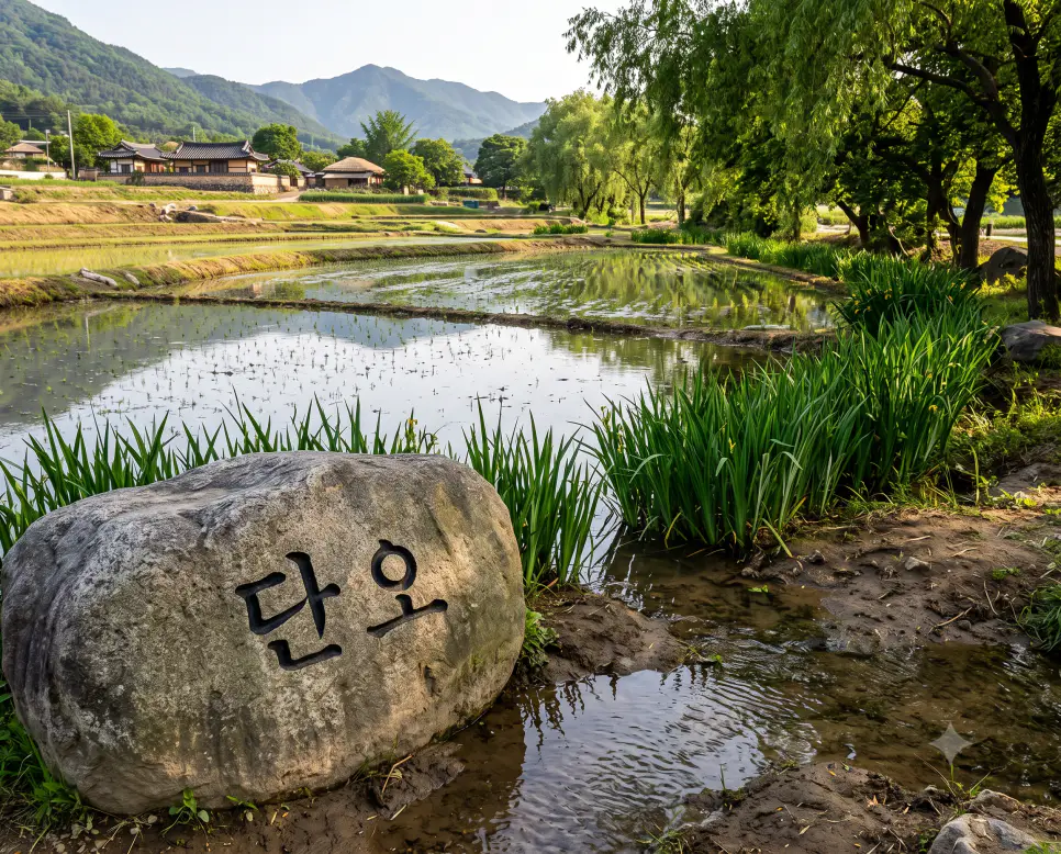 모내기를 마치고 창포물에 머리를 감는 단오 명절을 표현하기 위해, 인물을 완전히 배제하고 푸른 창포 풀잎이 무성하게 자란 맑은 논둑길과 물을 댄 다락논 풍경을 배경으로 삼고, 앞쪽 천연 바위 표면 선상에 선명하고 깨끗한 한글 서체로 "단오" 키워드가 정밀하게 각인되어 있는 농촌 다큐멘터리 구도의 정면 극실사 모습