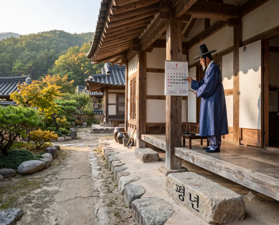 지극히 표준적인 365일 주기를 유지하는 평년의 개념을 담아내기 위해, 단정한 전통 의복을 입은 선비 인물이 햇살이 화사하게 내리쬐는 한옥 대청마루 기둥에 걸린 종이 달력을 정독하며 하루의 흐름을 기록하는 고즈넉한 일상 서사를 배경으로 삼고, 앞쪽 디딤돌 화강암 표면에 깨끗한 한글 서체로 "평년" 키워드가 정밀하게 각인되어 있는 전통 화보 구도의 정면 극실사 모습