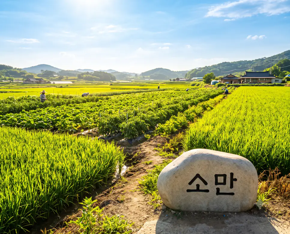 햇볕이 풍부해져 만물이 점차 자라나는 소만 절기를 표현하기 위해, 강렬한 태양빛 아래 푸른 농작물들이 역동적으로 자라나는 광활한 들판을 배경으로 삼고, 앞쪽 물기 머금은 거대한 바위 표면 선상에 선명하고 깨끗한 한글 서체로 "소만" 키워드가 정밀하게 각인되어 있는 자연 다큐멘터리 구도의 정면 극실사 모습